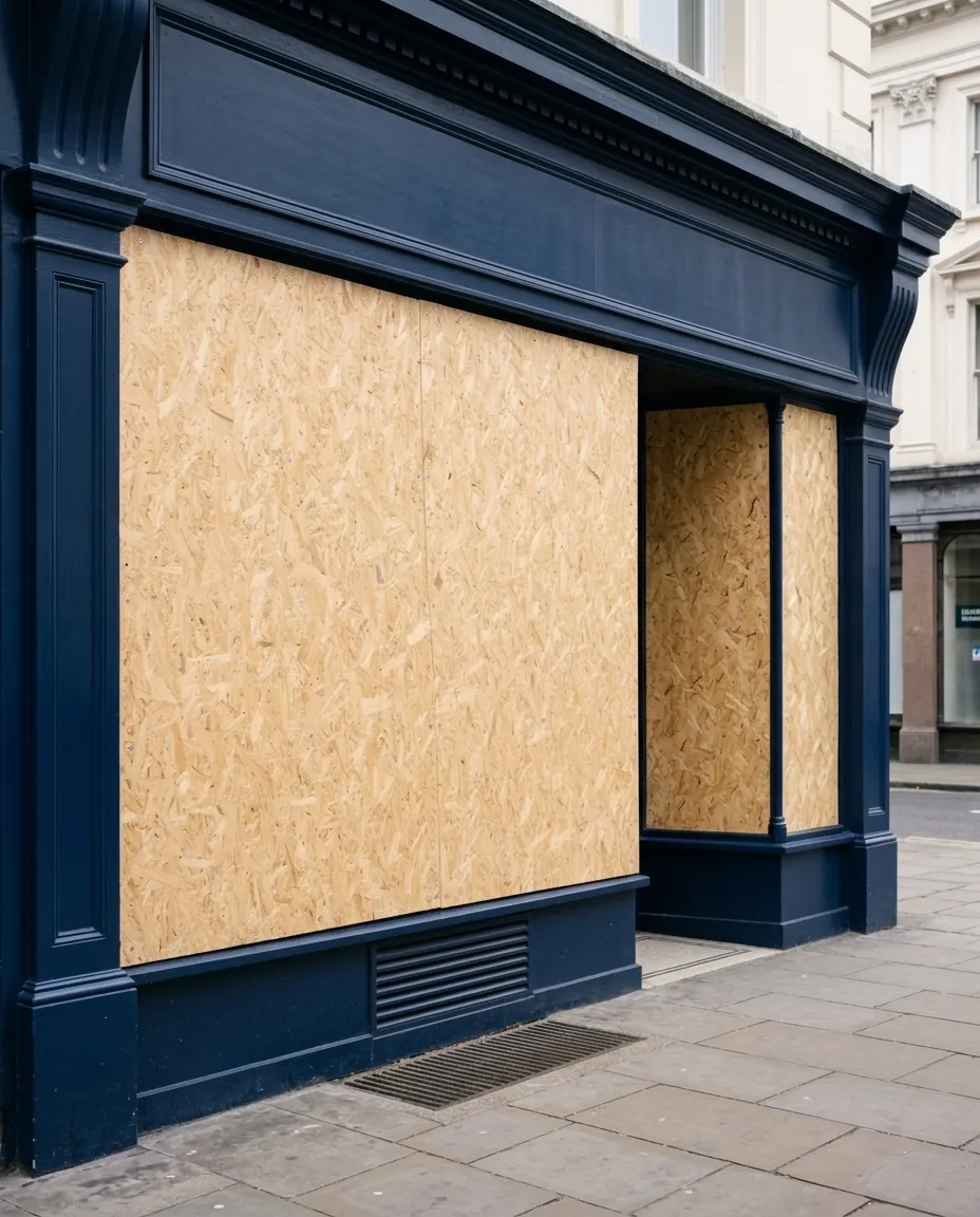 Vitrine de boutique protégée par un panneau en bois, rue d'une ville française