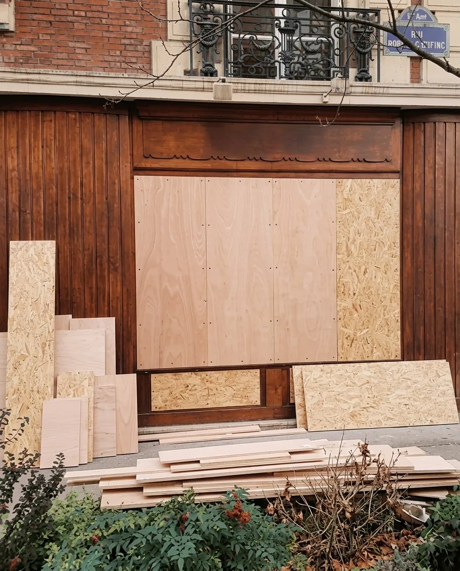 Technicien fixant un panneau en bois sur la vitrine d'un commerce