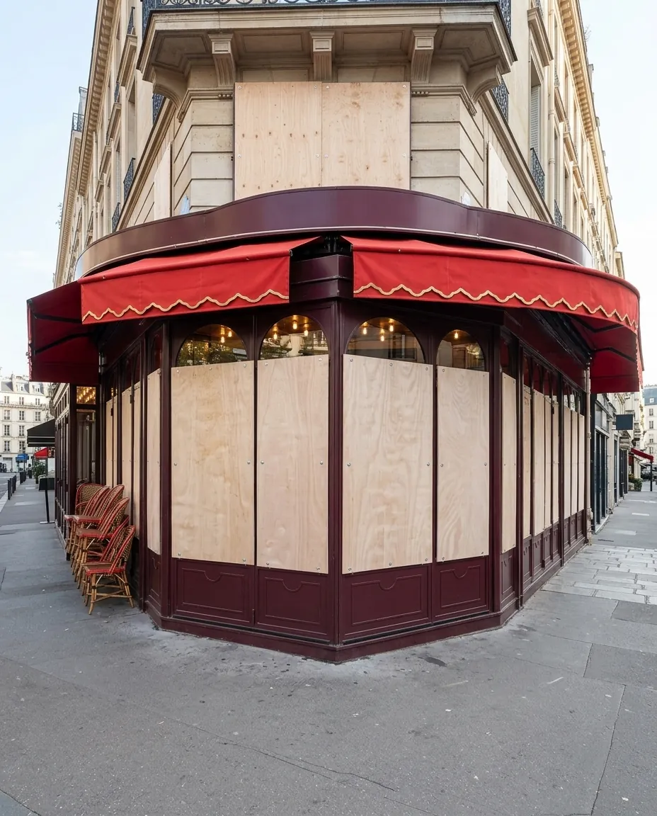 Façade de brasserie dont les baies vitrées sont protégées par des panneaux