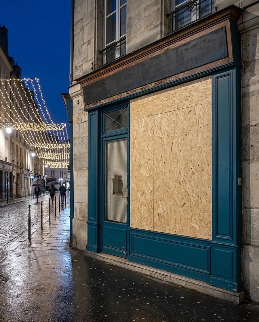 Vitrine de commerce protégée par des panneaux en bois lors des fêtes de fin d'année