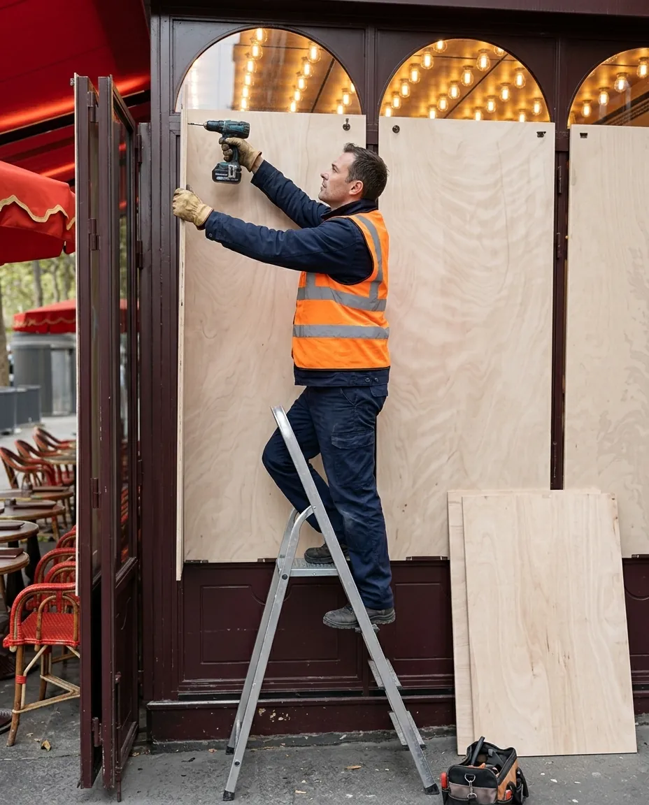 Poseur fixant un panneau sur une vitrine de magasin