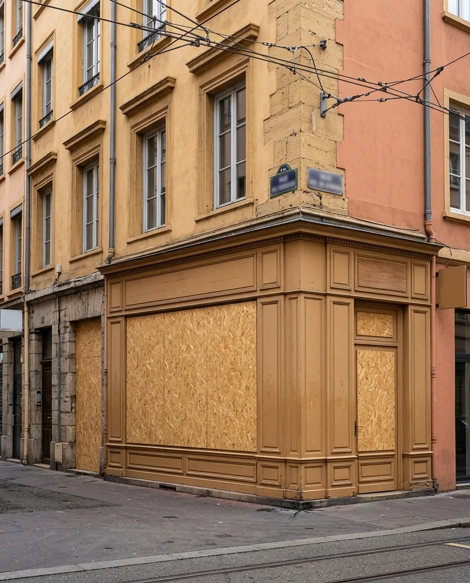 Vitrine de commerce lyonnaise protégée par des panneaux en bois posés sur la devanture