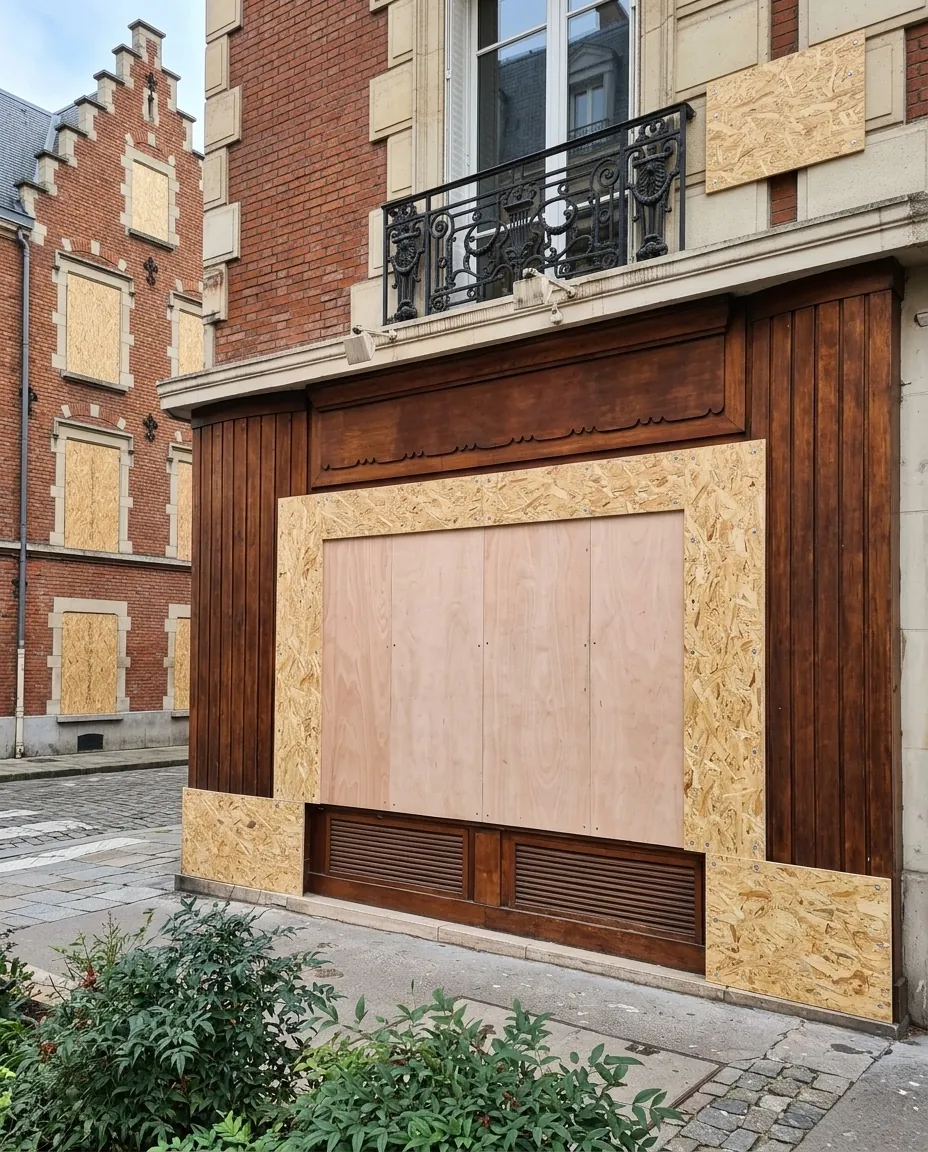 Façade vitrée d'un commerce de quartier d'affaires protégée par des panneaux