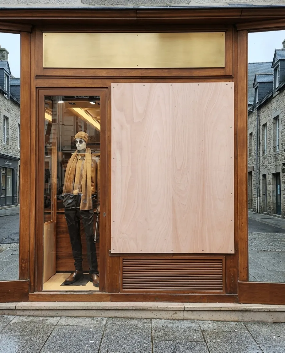 Place animée de Rennes avec commerces aux vitrines protégées par des panneaux