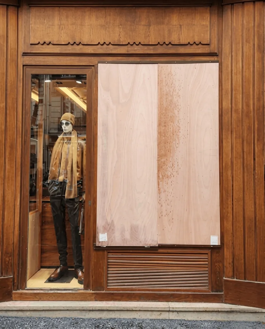Vitrine de commerce rennais protégée par des panneaux de bois posés sur la devanture
