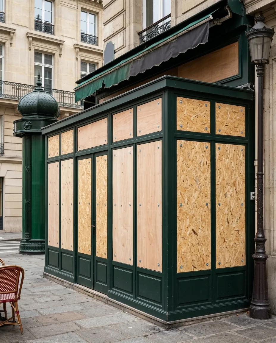 Façade vitrée de boutique occultée par des panneaux sur une avenue commerçante