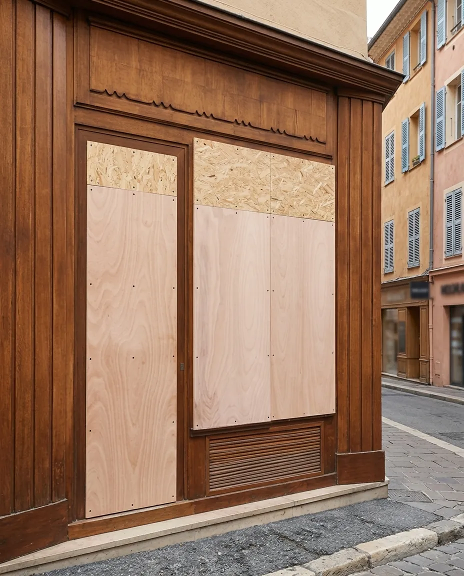 Vitrine de commerce niçois protégée par des panneaux en bois posés sur la façade